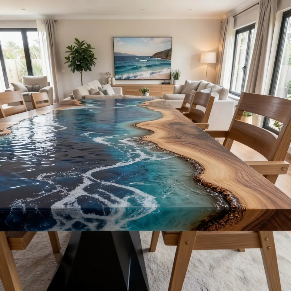 A living-and-dining room seen from the seat, a wave-pattern resin table filling the foreground