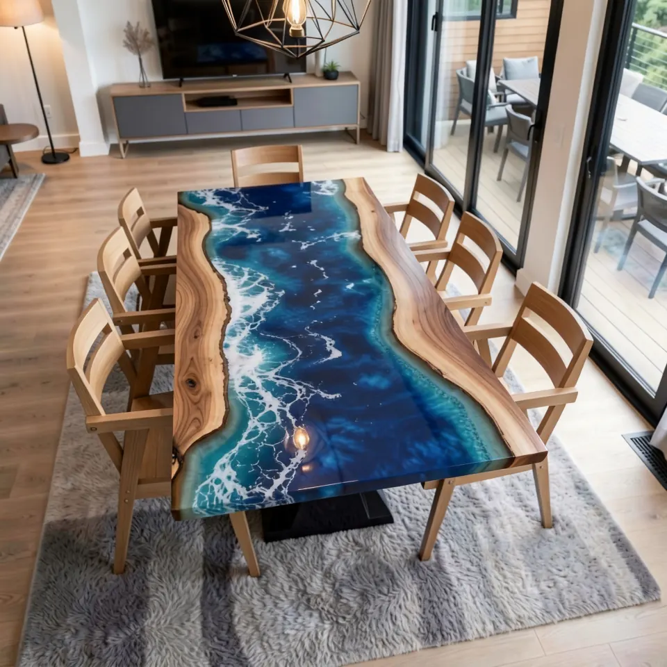 A long resin river dining table with matching wood chairs on a rug