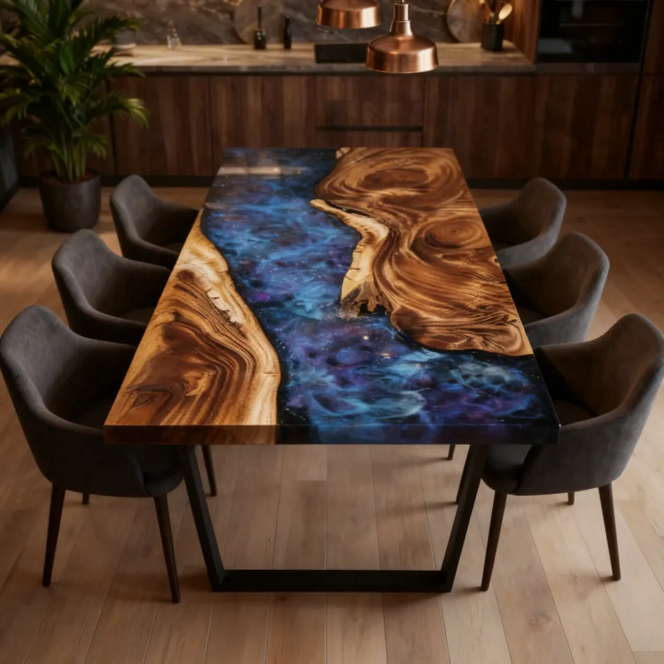A close view of a live-edge walnut slab meeting a nebula-blue epoxy resin river