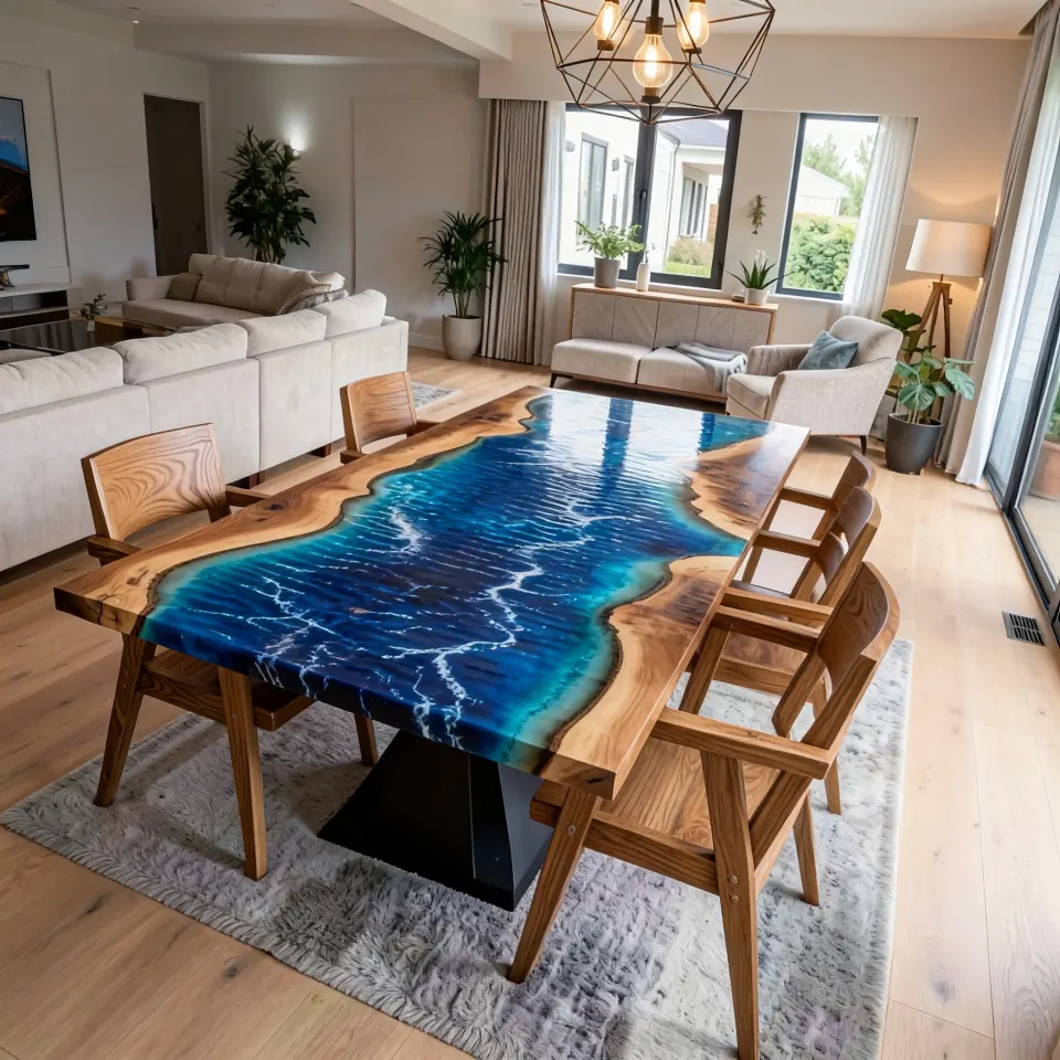 A wide open-plan dining room built around a live-edge blue epoxy river table, morning light across the floor