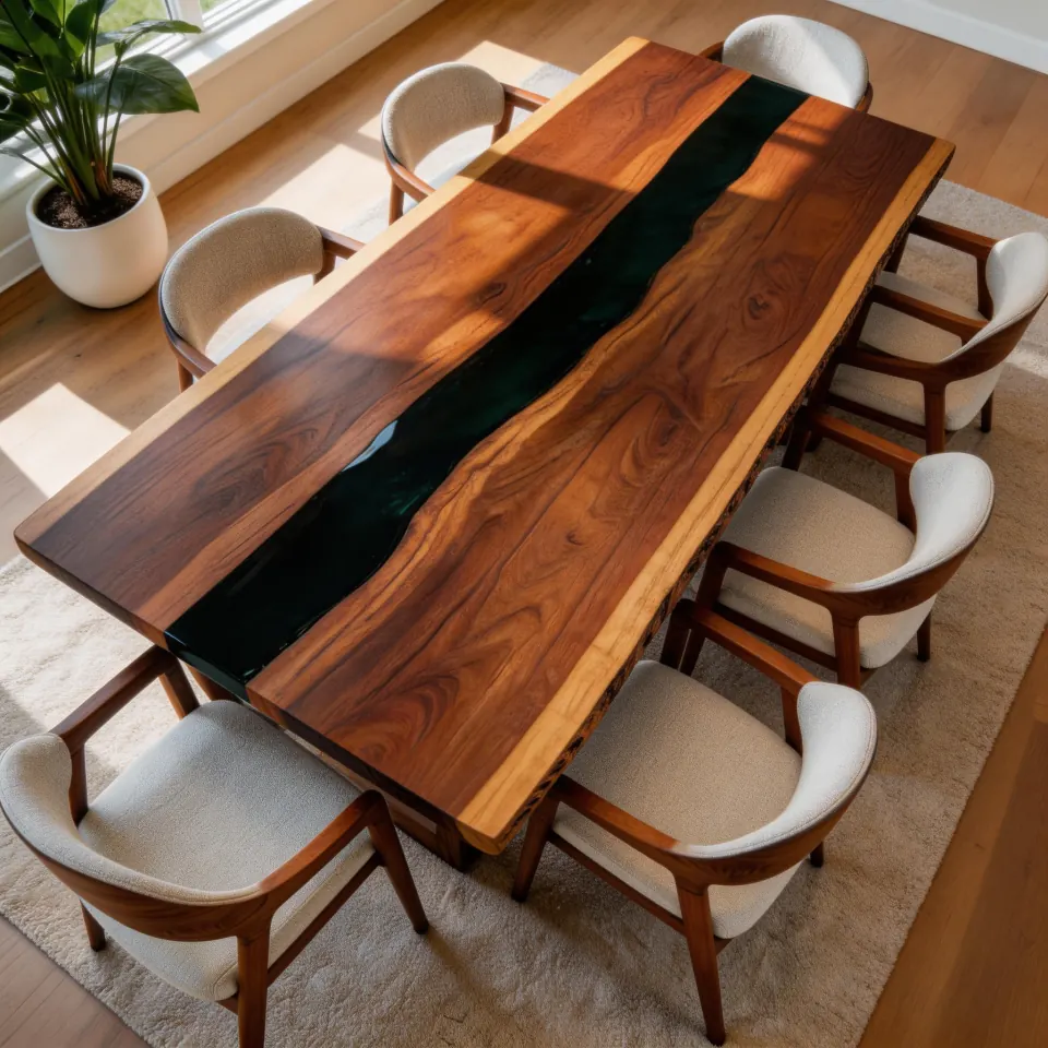 A long walnut and dark resin river dining table with cream upholstered chairs, seen from above