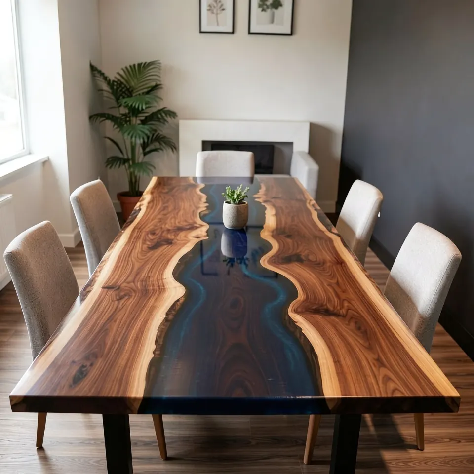 A long walnut dining table with a deep blue epoxy river, framed by upholstered chairs in a bright modern dining room