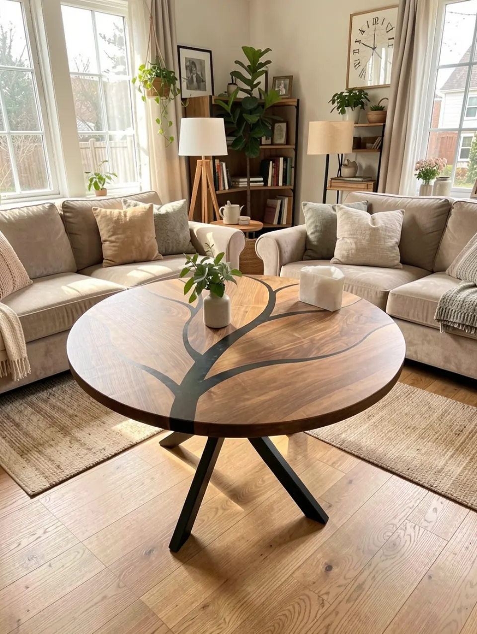 A compact round walnut dining table with a slim dark tree-branch resin inlay in a soft-lit living space