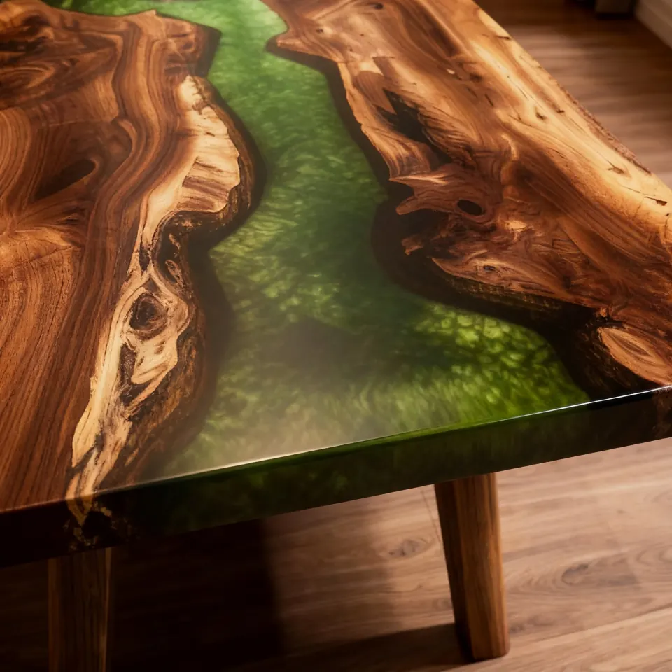 A close view of a walnut slab table with a translucent green epoxy river running through the centre