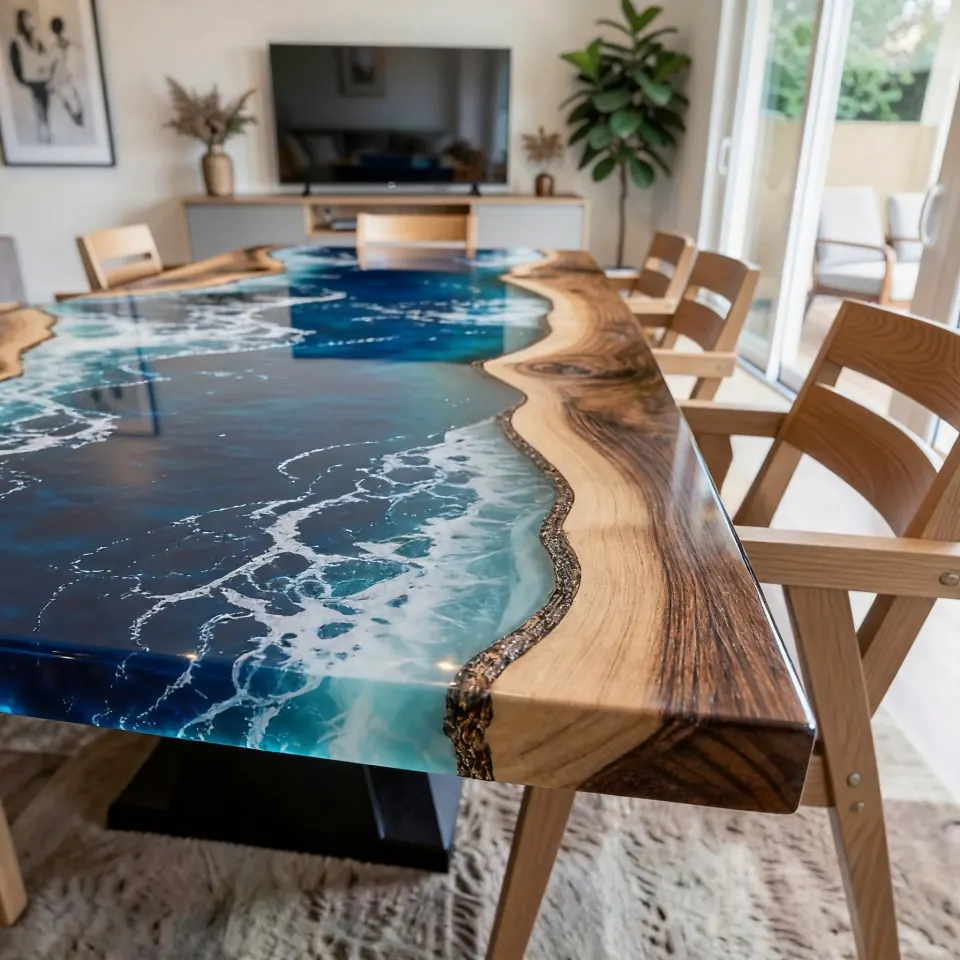 A live-edge dining table with a fully poured ocean-wave resin surface, seen at low angle in a sunlit room